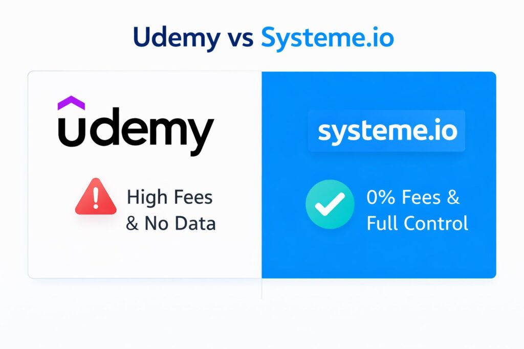 Comparison between Udemy and Systeme.io for course creators. to sell online courses for free in 2026