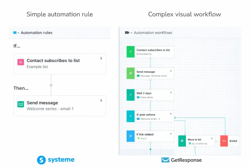 GetResponse advanced automation workflow vs Systeme.io simple rules.