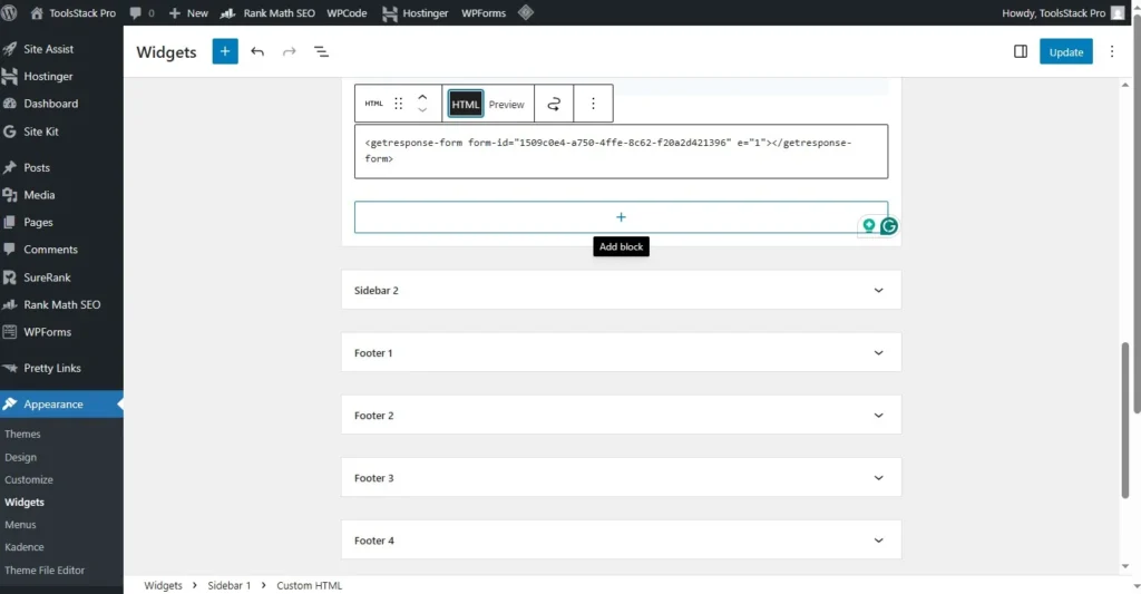 adding getresponse code to wordpress custom html widget jpg. Process to connect GetResponse to WordPress without a plugin