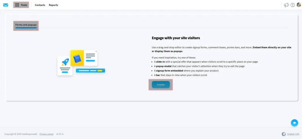 getresponse dashboard showing where to create a new marketing form jpg. Process to connect GetResponse to WordPress without a plugin