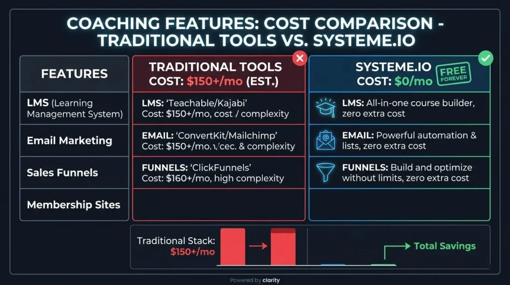 cost comparison between systeme.io free plan and expensive coaching platforms.