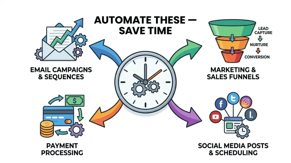 best automation tools for solo founders infographic showing which tasks solo founders can automate to save time in their online business