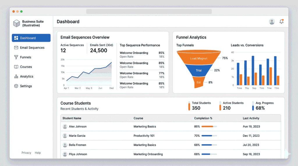 systeme.io dashboard illustration showing automation features for solo founders including email sequences and sales funnels