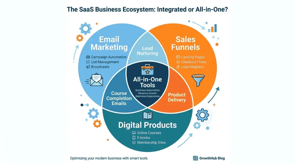 venn diagram showing how all in one automation tools for solo founders combine email marketing, funnels, and digital products