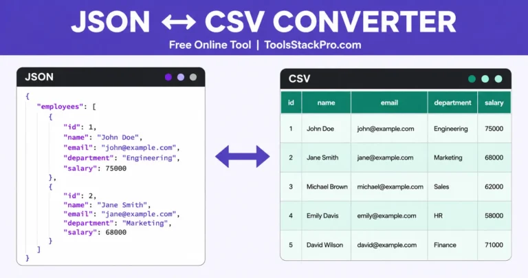 JSON to CSV Converter: Free online tool to convert JSON and CSV data instantly at ToolsStackPro.com
